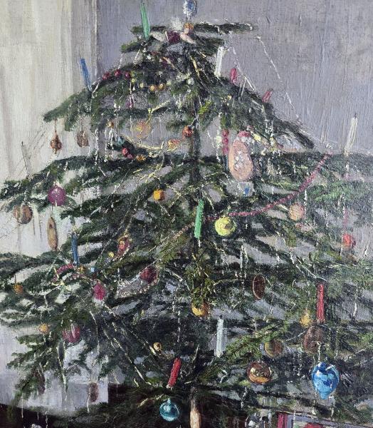 Antikes Gemälde Weihnachten / Christbaum mit Spielsachen um 1915