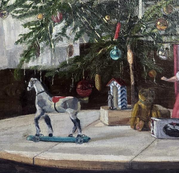 Antikes Gemälde Weihnachten / Christbaum mit Spielsachen um 1915