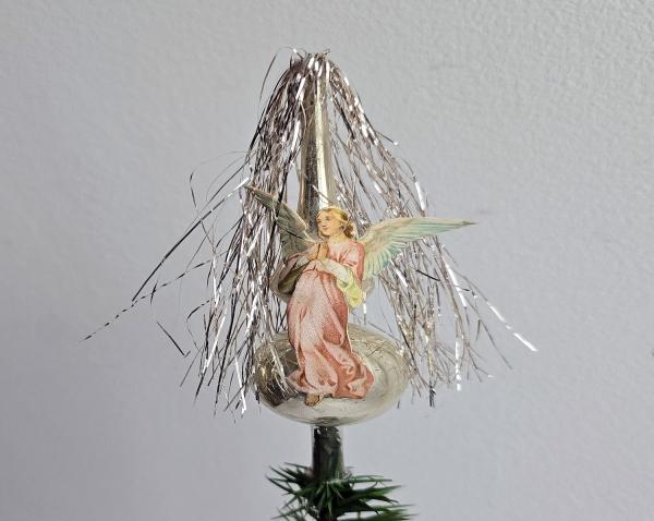 Antike Christbaumspitze mit Tinsel und Engel Oblate, ~ 1930