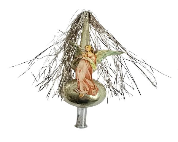 Antike Christbaumspitze mit Tinsel und Engel Oblate, ~ 1930