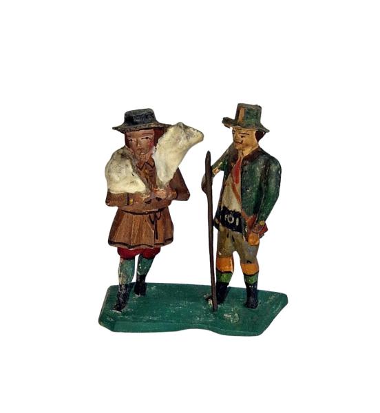 Antike Grulicher Krippenfigur / 2 Hirten mit Schaf um 1900  (7 cm)