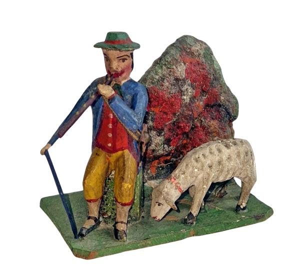 Antike Krippenfigur / Hirte mit Schaf um 1900