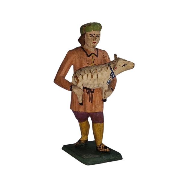 Antike Grulicher Krippenfigur / Gabenbringer / Hirte mit Schaf um 1900 (10 cm)