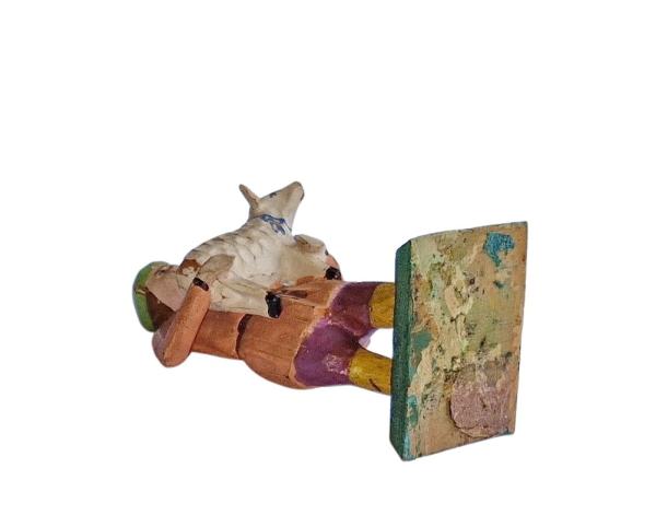 Antike Grulicher Krippenfigur / Gabenbringer / Hirte mit Schaf um 1900 (10 cm)