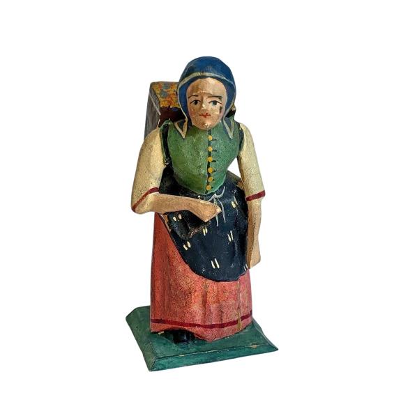 Antike Grulicher Krippenfigur / Frau mit Kiepe um 1900 (10 cm)