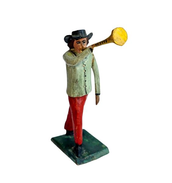Antike Grulicher Krippenfigur / Hirte mit Posaune um 1900  (10 cm)