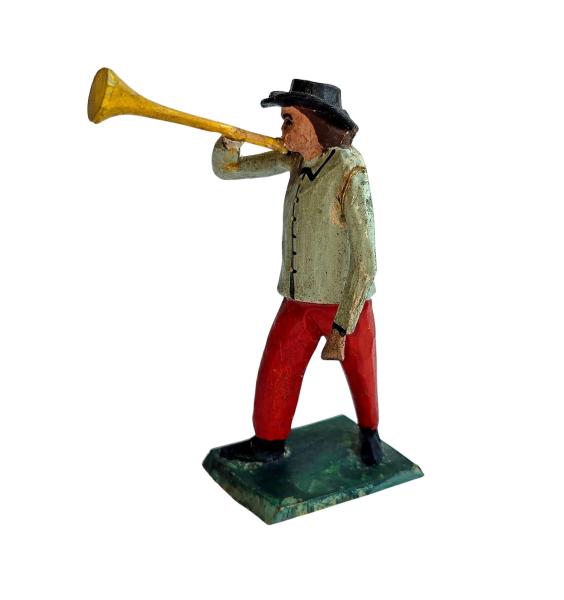 Antike Grulicher Krippenfigur / Hirte mit Posaune um 1900  (10 cm)