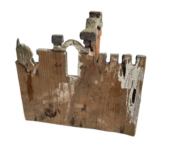 Antike Grulicher Krippendekoration, Ruine, 5 Schafe, Holz um 1900