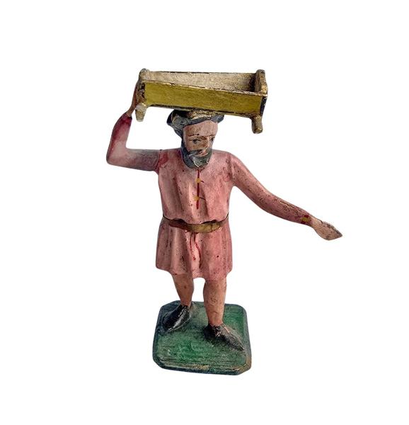 Antique grulich crib figurine, Gift bringer with cradle, around 1900 (10 cm)