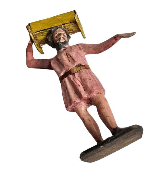 Antique grulich crib figurine, Gift bringer with cradle, around 1900 (10 cm)