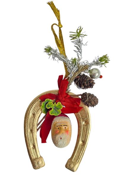 Alte Deko für den Christbaum, Hufeisen mit Nikolaus