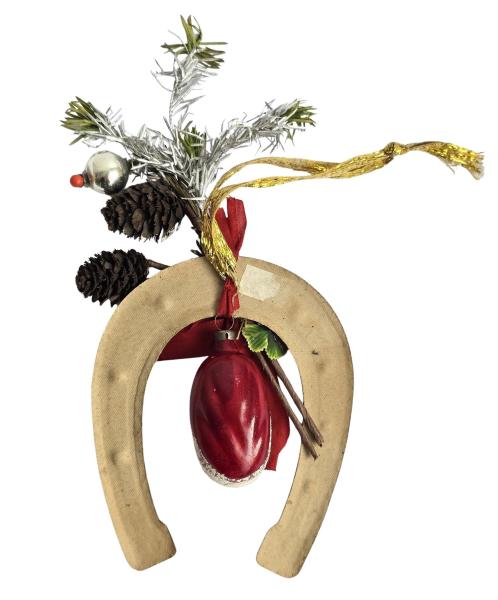 Alte Deko für den Christbaum, Hufeisen mit Nikolaus