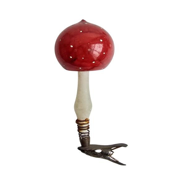 Antiker Christbaumschmuck, Lauscha Fliegenpilz auf Zwicker um 1920