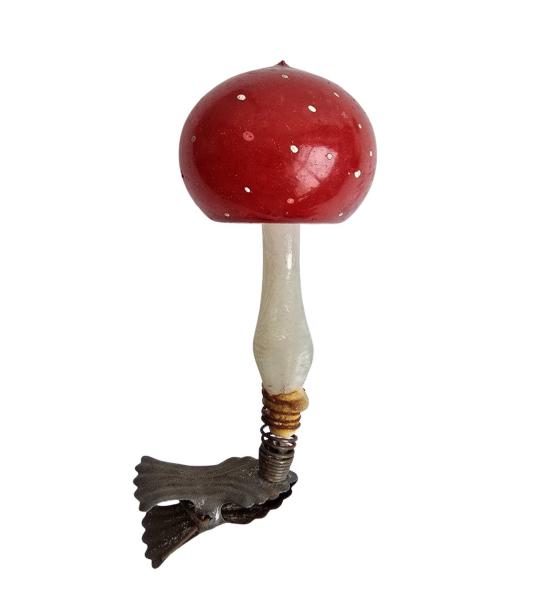 Antiker Christbaumschmuck, Lauscha Fliegenpilz auf Zwicker um 1920