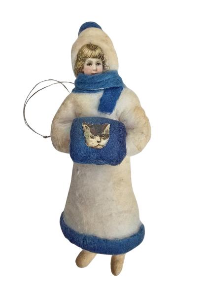 Antique christmas tree ornament / Spun cotton girl with muff, around 1920