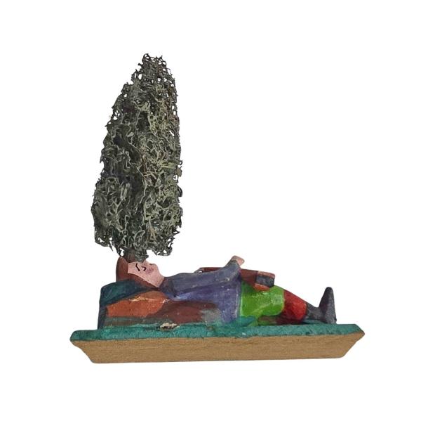 Antike Grulicher Krippenfigur / Schlafender Hirte unter Baum, um 1900 (7 cm)