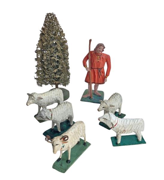 Antique grulich crib figurines, shepherd with 5 sheep, around 1900 (10 cm)