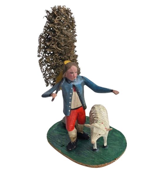 Antike Grulicher Krippenfigur Hirte mit Schaf und Luffa Baum um 1900 (10 cm)