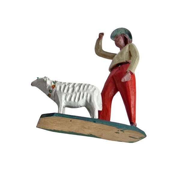 Antike Grulicher Krippenfigur Hirte mit Schaf um 1900 (10 cm)