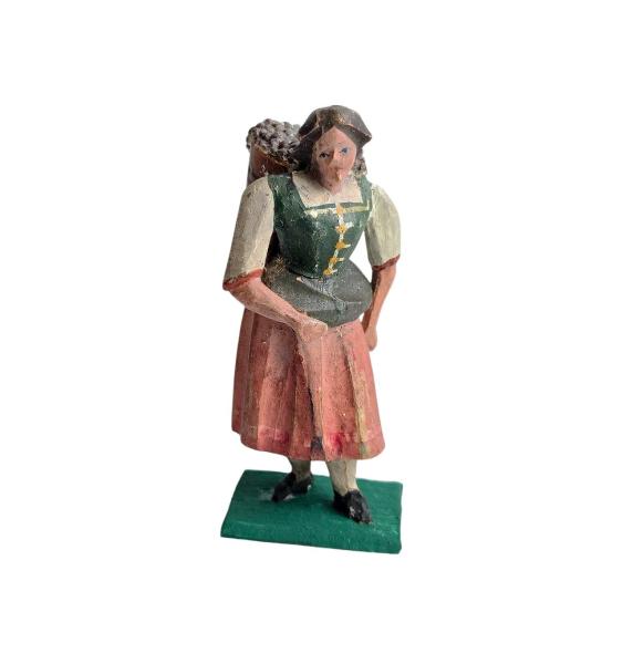 Antike Grulicher Krippenfigur / Frau mit Kiepe um 1900 (10 cm)