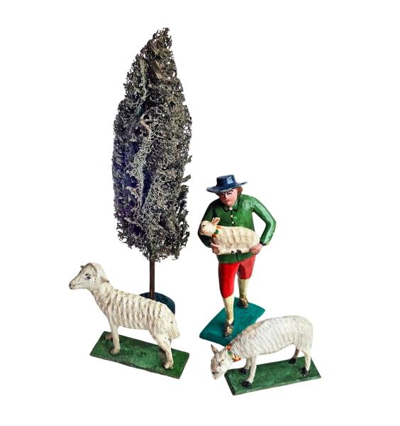 Antique grulich crib figurines, shepherd with sheep, around 1900 (10 cm)