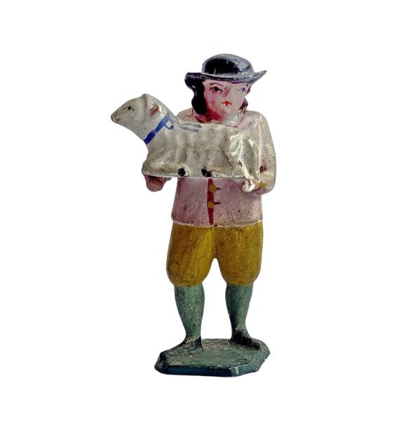 Antike Grulicher Krippenfigur / Hirte mit Schaf um 1900 (7 cm)