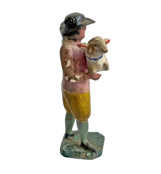 Antike Grulicher Krippenfigur / Hirte mit Schaf um 1900 (7 cm)