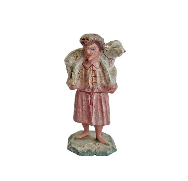 Antike Grulicher Krippenfigur / Hirte mit Schaf um 1900 (7 cm)