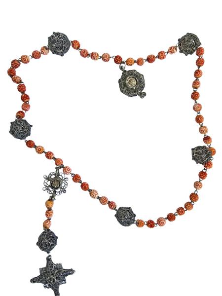 Rosenkranz filigran aus Silber, Kreuz mit Emaille, 19. Jahrhundert