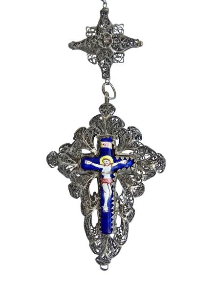 Rosenkranz filigran aus Silber, Kreuz mit Emaille, 19. Jahrhundert