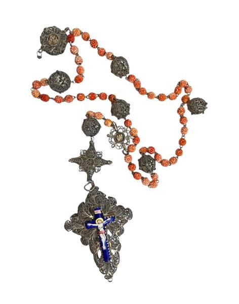 Rosenkranz filigran aus Silber, Kreuz mit Emaille, 19. Jahrhundert