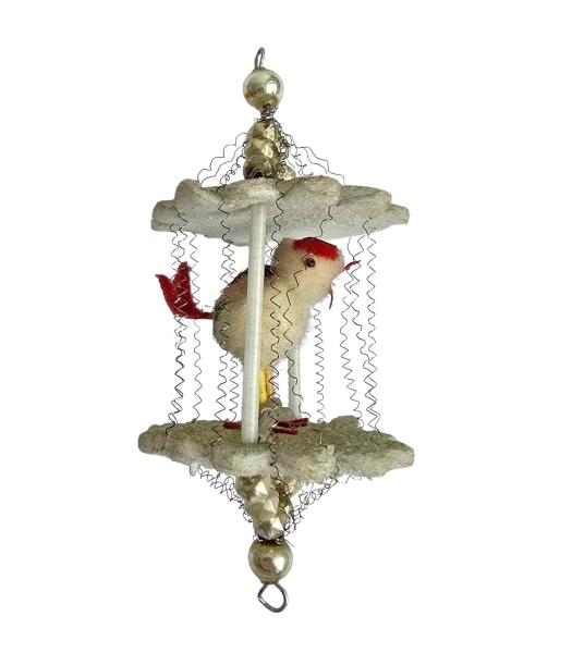 Gablonzer Vogelkäfig mit Vogel um 1930