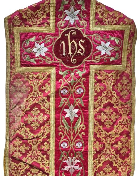 Weinrote Kasel, Ornat, Messgewand, Vestment, Pluviale um 1900