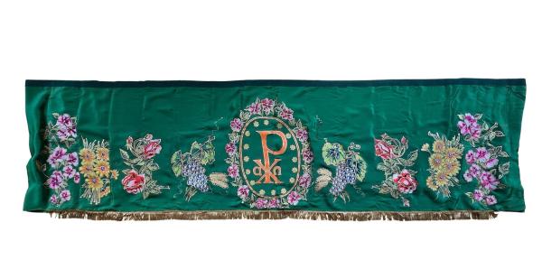 Antike grüne Altardecke, Altarverkleidung, handbemalt, um 1920