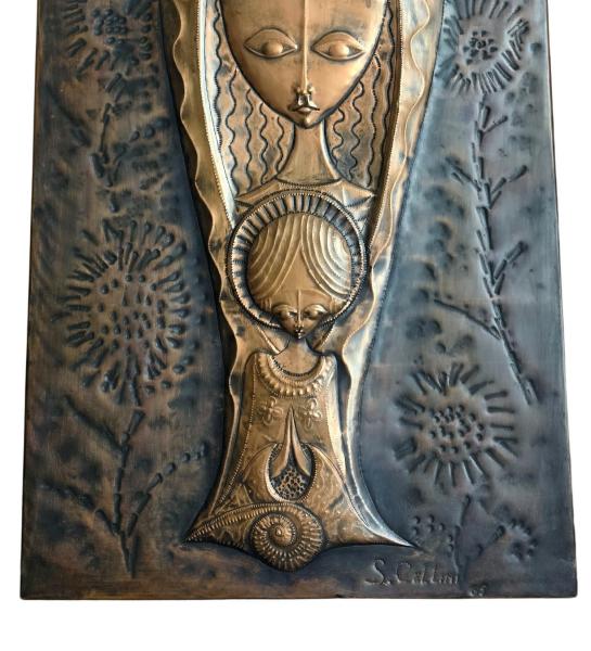 Mid century Kupfer Relief, S. Cellini, Madonna mit Kind