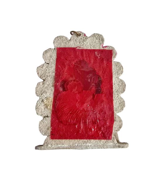 Beglimmertes Kartonornament, Krippe mit Jesus, um 1930