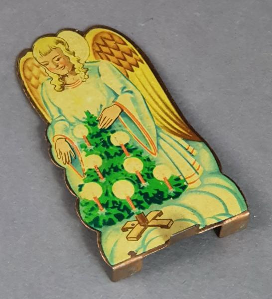 Angel with christmas tree, lithographed tin, ca. 1920