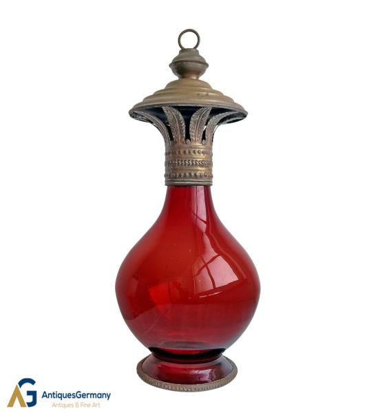 Biedermeier Lantern, blown red glass, ~ 1850