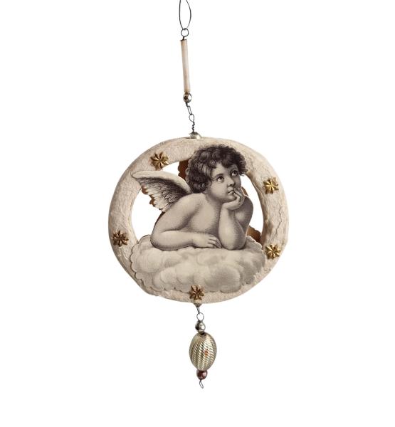 Spun cotton ornament with angel scraps,  ca. 1920