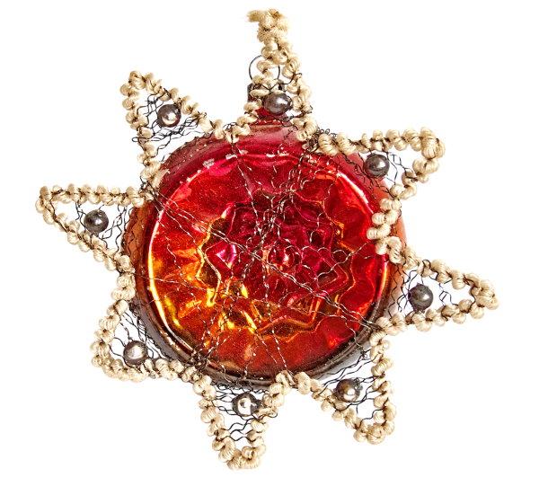 Wire wrapped glass kugel, indent kugel, Lauscha