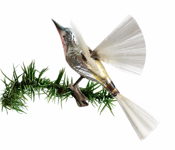 Lauscha song bird on clip with spun glass wings and tail