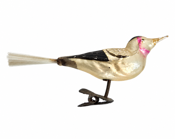 Lauscha song bird on clip, around 1920