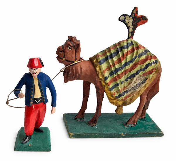 Antike Grulicher Krippenfigur / Türke mit Dromedar / Kamel um 1900  (7 cm)