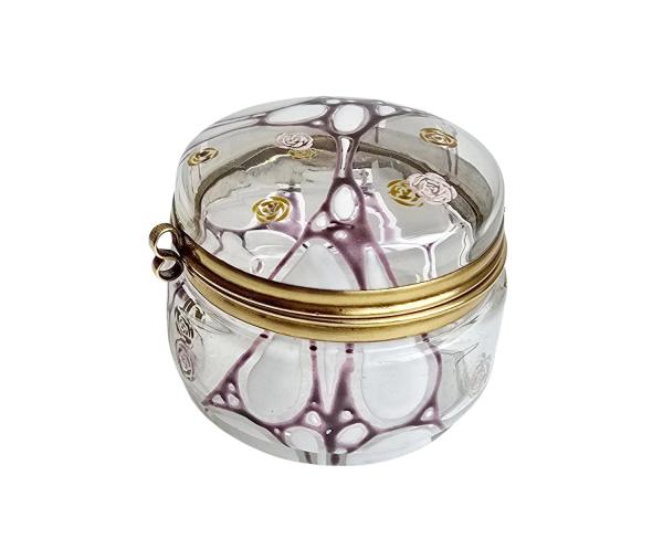 Deckeldose / Schmuckdose aus Glas, emailliert, Jugendstil