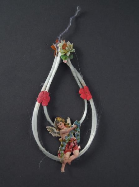 Spun glass ornament with angel scrap, ~ 1920
