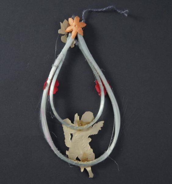 Spun glass ornament with angel scrap, ~ 1920