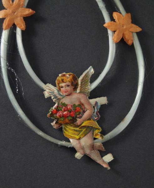 Spun glass ornament with angel scrap, ~ 1920