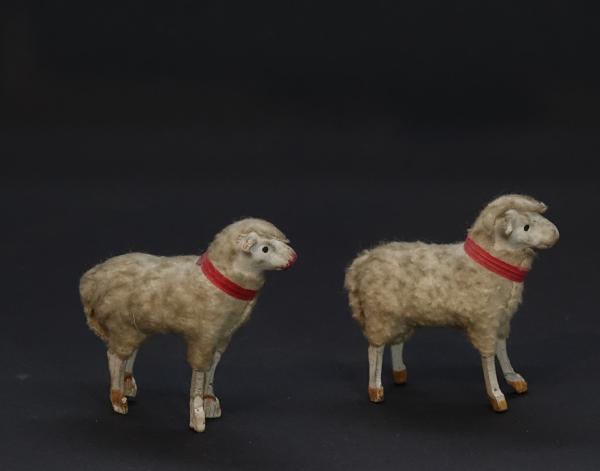2 tiny German sheep, putz wooly, wood legs, compo body ~ 1920