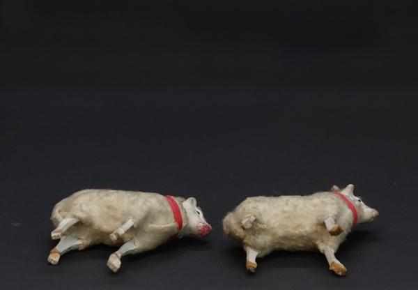 2 tiny German sheep, putz wooly, wood legs, compo body ~ 1920