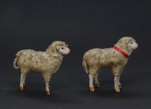 2 tiny German sheep, putz wooly, wood legs, compo body ~ 1920